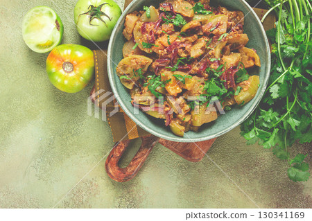 fried green tomatoes, with onions and spices, green tomato appetizer, Georgian cuisine, homemade, no people, fried green tomatoes, with onions and spices, green tomato appetizer, Georgian cuisine, homemade, no people, 130341169