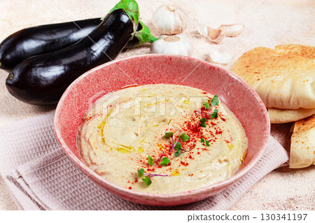 Babaganoush, eggplant appetizer, traditional Lebanese cuisine, homemade, no people, Babaganoush, eggplant appetizer, traditional Lebanese cuisine, homemade, no people, 130341197