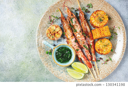 langoustines on skewers, shrimp kebab, with fried corn, spices and herbs, homemade, no people, langoustines on skewers, shrimp kebab, with fried corn, spices and herbs, homemade, no people, 130341198
