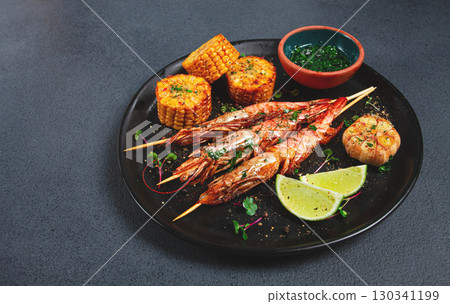 langoustines on skewers, shrimp kebab, with fried corn, spices and herbs, homemade, no people, langoustines on skewers, shrimp kebab, with fried corn, spices and herbs, homemade, no people, 130341199