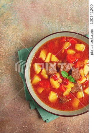 meat goulash, with potatoes and carrots, sweet pepper, traditional Hungarian soup, homemade, no people, 130341200