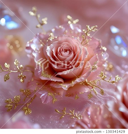 A delicate pink rose is the focal point, surrounded by elegant gold branches with fine detailing. 130341429