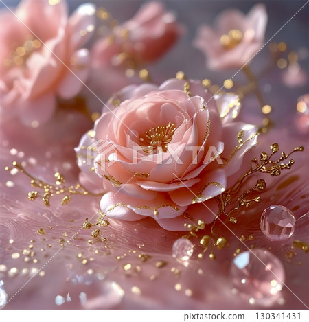 A delicate pink rose is the focal point, surrounded by elegant gold branches with fine detailing. 130341431