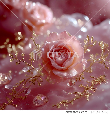 A delicate pink rose is the focal point, surrounded by elegant gold branches with fine detailing. 130341432