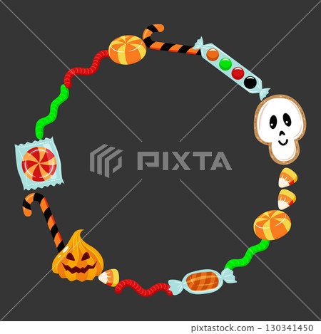 Circle candy border frame. Vector Halloween candy set. Trick or Treat. Lollipop, marmalade, cookie in the shape of scary characters. Circle candy border frame. Vector Halloween candy set. Trick or Treat. Lollipop, marmalade, cookie in the shape of scary characters. 130341450