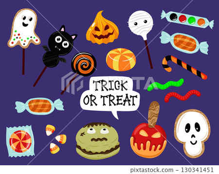 Halloween candy set. Vector set of sweet treat for Halloween. Cake, lollipop, marmalade, cookie in the shape of scary characters. Cute ghost, scull, pumpkin, bat, etc. Halloween candy set. Vector set of sweet treat for Halloween. Cake, lollipop, marmalade, cookie in the shape of scary characters. Cute ghost, scull, pumpkin, bat, etc. 130341451