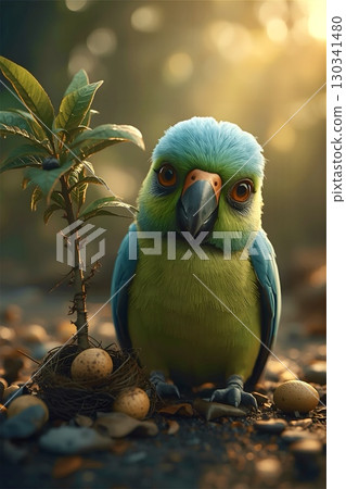 A colorful parrot with vivid blue and green plumage is perched on the ground, next to a small nest containing several pastel-colored eggs. 130341480