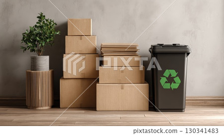 Recycling Concept with Cardboard Boxes and Bin in Modern Interior 130341483