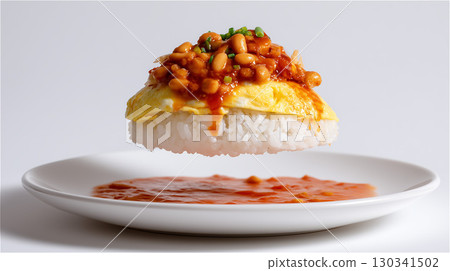 Omelette rice floating on a white plate. It evokes the image of Western food, topped with tomato sauce and beans. 130341502