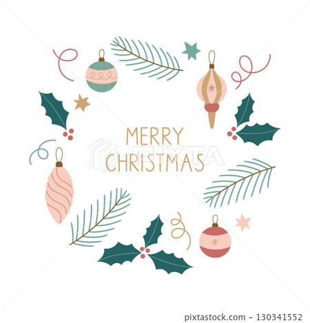 Christmas wreath with ornaments and lettering 130341552