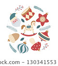 Christmas round composition with Santa and toys 130341553