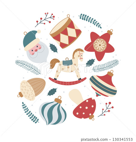 Christmas round composition with Santa and toys 130341553