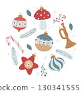 Christmas round composition with retro ornaments 130341555