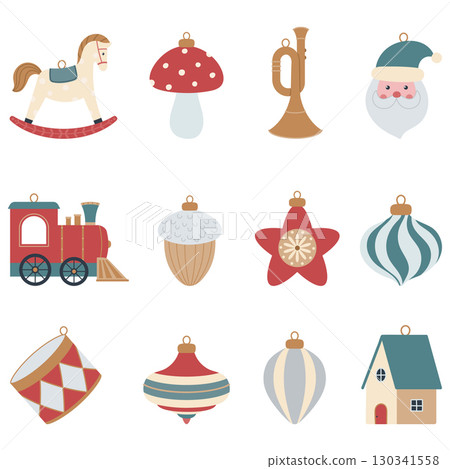 Set of vintage Christmas ornaments and toys 130341558