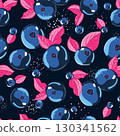 Vibrant pattern featuring blueberries surrounded by charming pink leaves 130341562