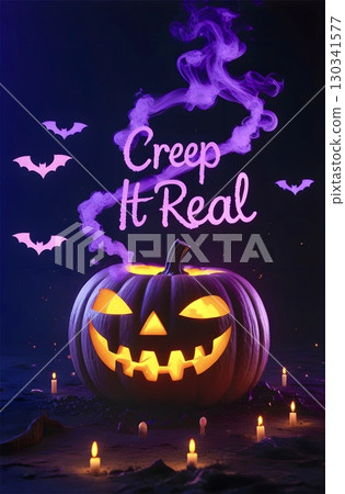 Carved pumpkin with a sinister grin emits an orange glow. Purple smoke curls above, enveloping the text "Creep it Real" in a spooky atmosphere. Carved pumpkin with a sinister grin emits an orange glow. Purple smoke curls above, enveloping the text "Creep it Real" in a spooky atmosphere. 130341577