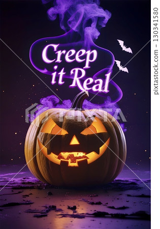 Carved pumpkin with a sinister grin emits an orange glow. Purple smoke curls above, enveloping the text "Creep it Real" in a spooky atmosphere. 130341580