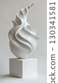 Vertical photo of smooth white ceramic shell-shaped vase with flowing organic curves 130341581