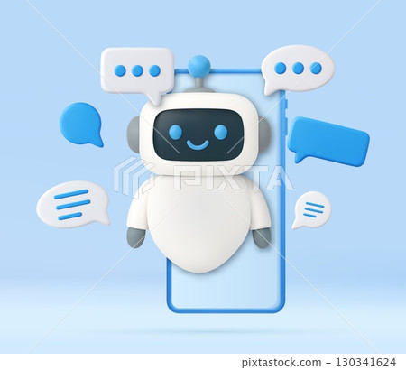 3D chatbot emerging from smartphone with messages 3D chatbot emerging from smartphone with messages 130341624