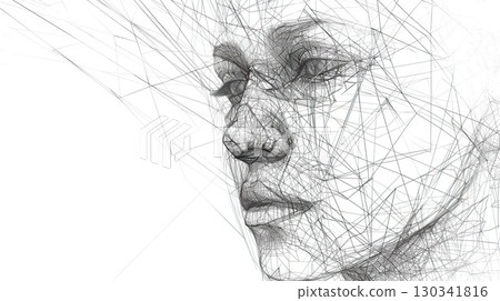 Abstract human face made of lines. Technological white background. generative ai. Abstract human face made of lines. Technological white background. generative ai. 130341816