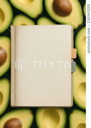 A blank beige notebook with tabs placed on a background of halved avocados, serving as free space for text. Generated AI. A blank beige notebook with tabs placed on a background of halved avocados, serving as free space for text. Generated AI. 130341820