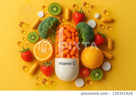 A large Vitamin C capsule is surrounded by fruits, vegetables, and supplements on a vibrant yellow background. Generated AI. A large Vitamin C capsule is surrounded by fruits, vegetables, and supplements on a vibrant yellow background. Generated AI. 130341826