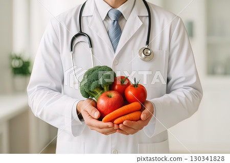 A doctor in a white coat holds fresh fruits and vegetables, symbolizing the link between nutrition and health. Generated AI. A doctor in a white coat holds fresh fruits and vegetables, symbolizing the link between nutrition and health. Generated AI. 130341828