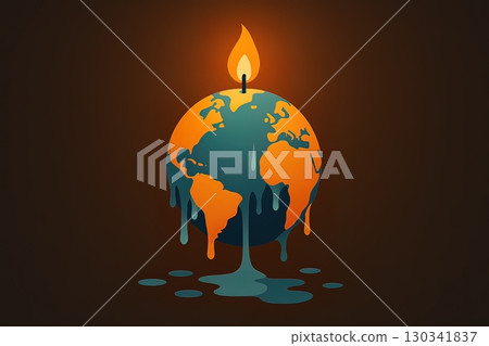 A melting Earth shaped like a candle with a burning flame symbolizes climate change and environmental crisis. Generated AI. 130341837