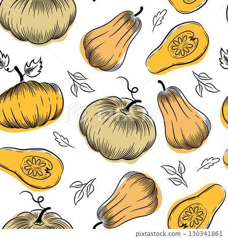 Pumpkin seamless pattern. Sketch style pumpkins different shapes on white background. Print for paper, packaging, fabric. Pumpkin seamless pattern. Sketch style pumpkins different shapes on white background. Print for paper, packaging, fabric. 130341861