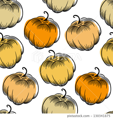Pumpkin seamless pattern. Hand-drawn sketch style. Vector white background. Print for paper, packaging, fabric. 130341875