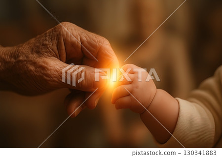 An elderly hand and a baby hand touch gently, glowing with warm symbolic light. Generated AI. 130341883