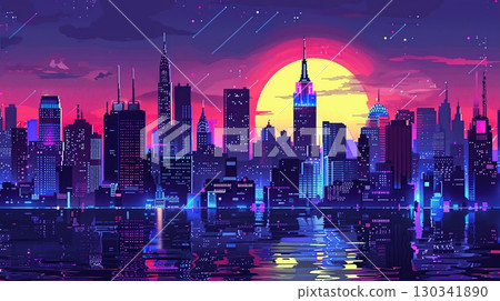Night city with skyscrapers. 8 bit drawing. Houses and buildings of a big city. generative ai. 130341890