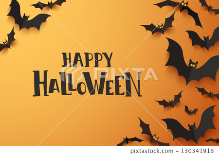Black bats flying with glowing eyes and Happy Halloween text on orange background 130341918