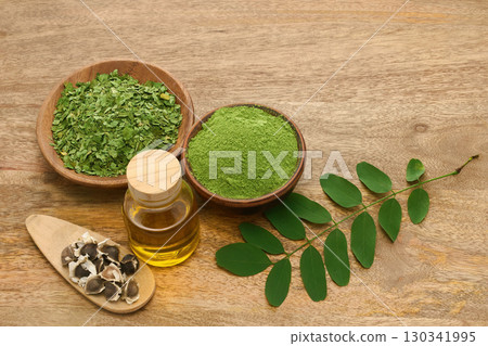 Natural Moringa Composition on wooden background 130341995