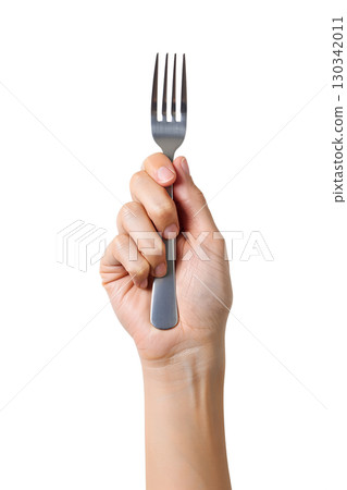 Hand holding single metal fork isolated on transparent background, basic dining utensil for culinary projects Hand holding single metal fork isolated on transparent background, basic dining utensil for culinary projects 130342011