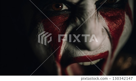 Close-up of a Halloween Makeup With Intense Red and White Face Paint 130342147