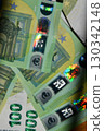 Euro banknotes display holographic spectrum blurry background showcasing intricate details of currency design 130342148