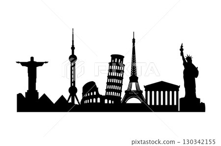 Profile of the iconic silhouettes of capitals and iconic places made in black in one row. 130342155