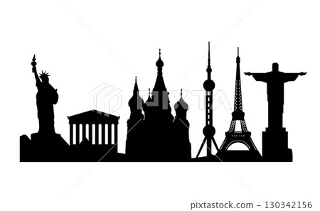 Iconic Urban Profiles in Black on White Composition. 130342156