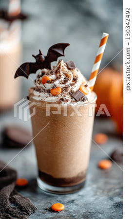 Halloween-themed dessert drink topped with whipped cream, chocolate bat decoration, and colorful candy, perfect for festive celebrations and gatherings 130342492