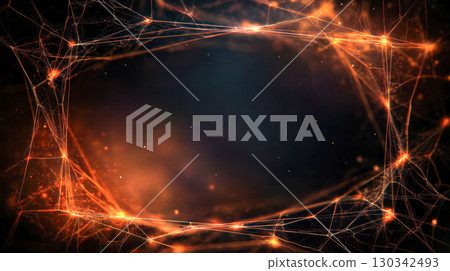 Abstract glowing network frame with vibrant orange lights and dark background, perfect for Halloween-themed designs and digital projects 130342493