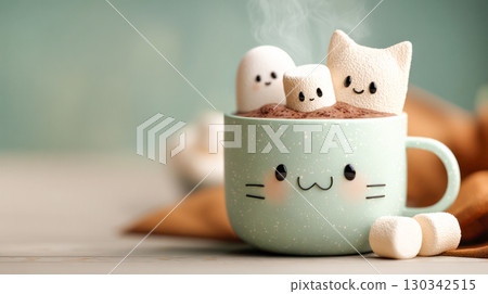 Cute Halloween-themed mug filled with hot chocolate and playful marshmallow characters, creating a cozy and festive atmosphere for the season Cute Halloween-themed mug filled with hot chocolate and playful marshmallow characters, creating a cozy and festive atmosphere for the season 130342515