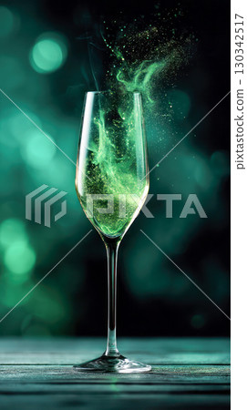 Sparkling green drink in a tall glass with swirling mist and vibrant colors, creating an enchanting Halloween-themed beverage concept 130342517