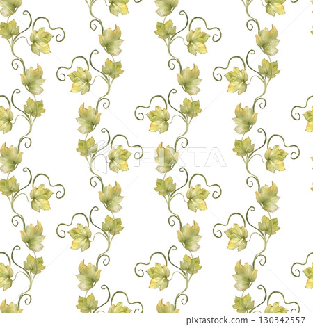 Hand-drawn illustration of a seamless pattern featuring elegant, twining green leaves and curly stems on a white background Hand-drawn illustration of a seamless pattern featuring elegant, twining green leaves and curly stems on a white background 130342557