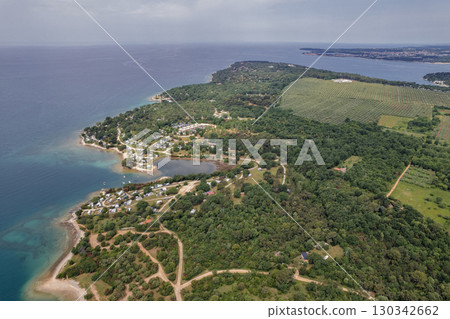 Aerial panorama drone view of Istria coastline in Croatia. Aerial panorama drone view of Istria coastline in Croatia. 130342662