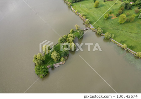 Aerial drone view over tranquil Boating lake in Nagykanizsa, Hungary. 130342674