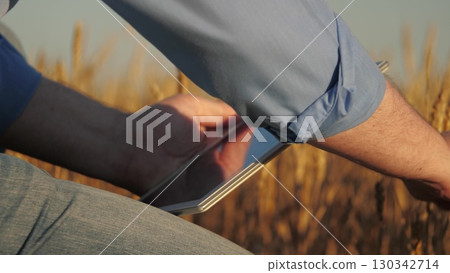 man sitting field holding tablet. tablet lap. man wearing blue shirt, hrough tablet, Wheat business strategies go, Digital tools modern farmers, Tablet-based decisions wheat farming, Boosting wheat 130342714