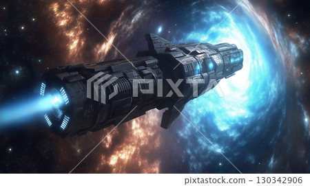 Science fiction spaceship travels through a swirling black hole in a distant galaxy 130342906
