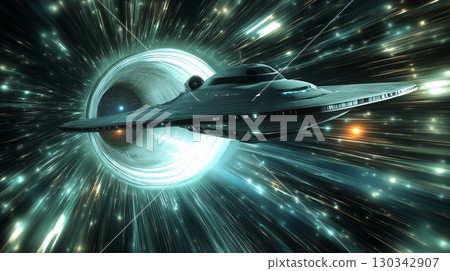 Science fiction spaceship travels through a swirling black hole in a distant galaxy Science fiction spaceship travels through a swirling black hole in a distant galaxy 130342907