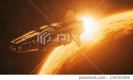Spaceship travels near a blazing star, showcasing exploration in a distant galaxy 130342908